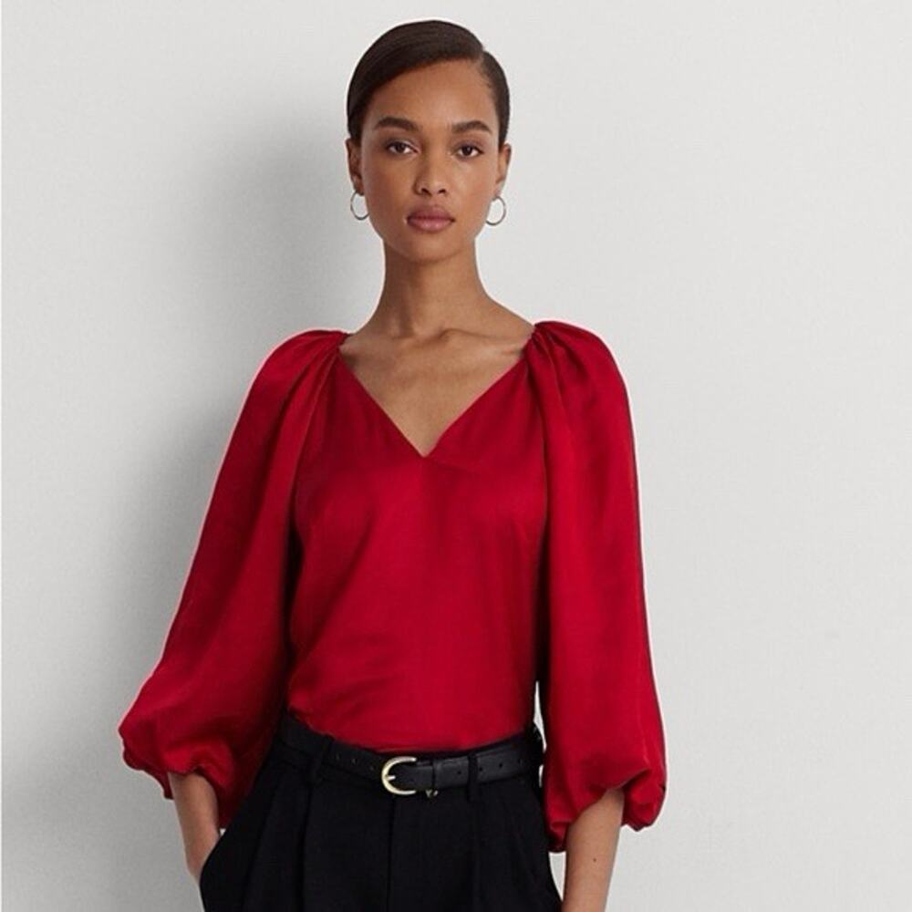 Ralph Lauren Womens Martin Red Satin Shantung Bubble-Sleeve Blouse Size 14 READ